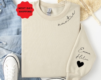 Custom Auntie Sweatshirt with Children Name on Sleeve, Crewneck or Hoodie, Personalized Gift for Aunt, Neck Auntie with Nieces Nephews Names