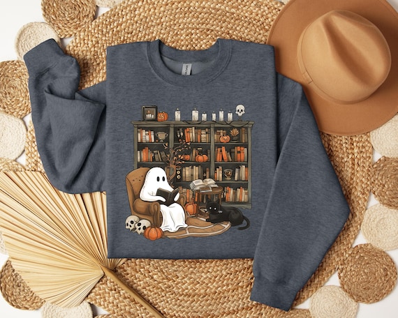 Retro Ghost Reading Books Sweatshirt, Librarian Ghost Halloween Hoodie, Halloween Teacher Sweatshirt, Halloween Tee,Teacher Gift, Boo School