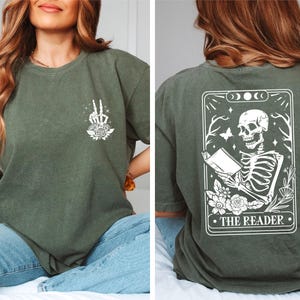 The Reader Tarot Card Front And Back Printing Shirt, Skeleton Reading T-shirt, Book Lover Gift For Women, Book Lover Tee, Tarot Card Shirt