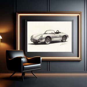 Porsche 950 Spyder Art, grigio chiaro metallizzato lucido - Disegno a matita colorata Faber Castell, cerchi neri, sfondo in carta ruvida