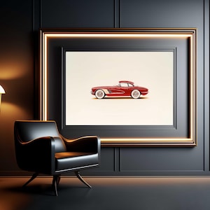 Dessin Chevrolet Corvette rouge 1953-1962 | Art de voiture classique dessinée à la main | Croquis de voiture de sport vintage pour les amateurs | Décoration murale unique | Cadeau