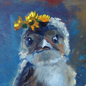 Pintura a óleo de pássaros, arte de parede de pássaros, coroa de flores de pássaros na cabeça, presente para amante de pássaros, passarinho, presente moderno em miniatura, pintura de pássaros pequenos