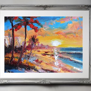 Miami Beach Oil Painting: Vibrant Tropical Sunset, Palm Trees (7x9.5 inches)