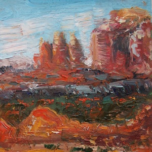 Arizona art - Sedona Red Rocks Desert Landscape Pintura a óleo sobre papelão - Arte texturizada do sudoeste, cores fortes e pinceladas robustas