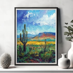 Arizona Desert Oil Painting: Saguaro Cacti Landscape, Southwest Art