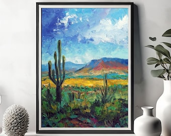 Arizona Desert Oil Painting: Saguaro Cacti Landscape, Southwest Art