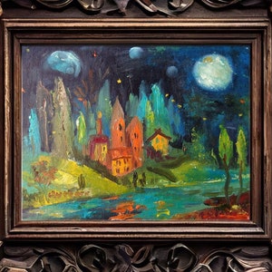 Fantasy enchanted forest Landscape Oil Painting trippy art Vibrant Moon Sky, Riverside Village Colorful Forest trippy Art Home Office Decor