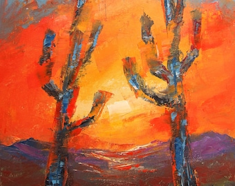 Mexico Sunset Oil Painting: Desert Cactus Art, Southwest Decor (10x14'')