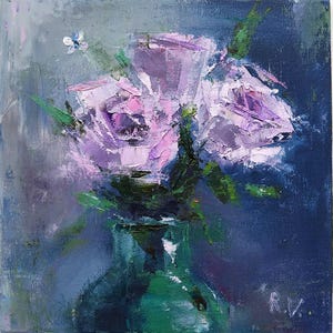 Lavender Rose Oil Painting 8x8&quot; Textured Floral Art Purple and Green, Romantic Impressionist Still Life with Vintage Charm Wall Decor