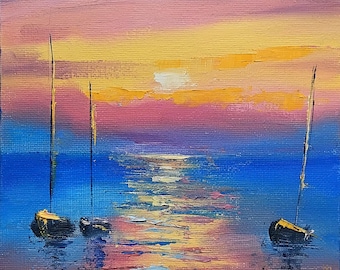 Boats at Sunset - small seascape oil painting 6x8" handmade original colorful artwork