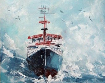 波 油絵 海 日本 海を描いた油絵 嵐の波を切り裂く船 - 日本