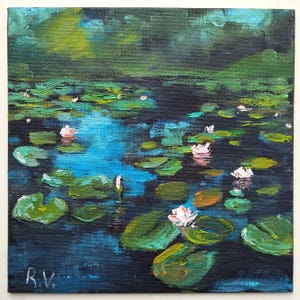 Water Lily Pond Oil Painting: Impressionistic Floral Art, 8x8&quot;