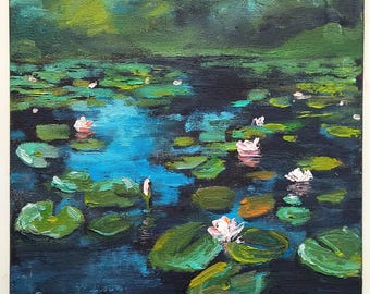 ボートと睡蓮の絵画、睡蓮の池のオリジナル水彩画、モネのジヴェルニー
