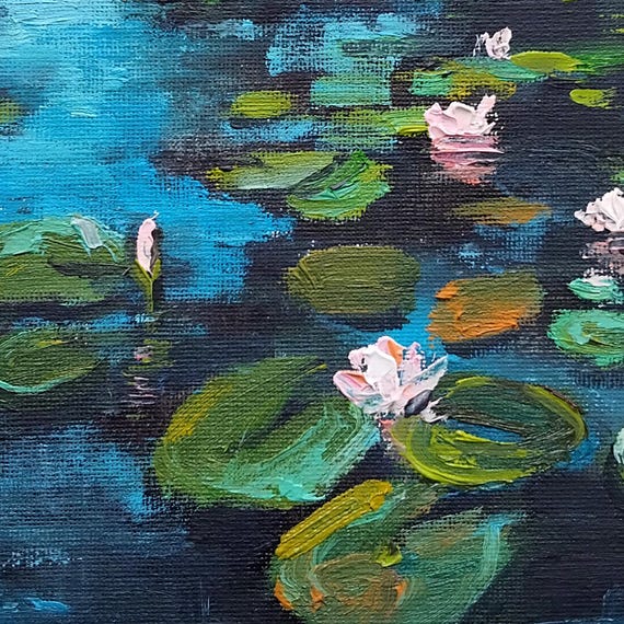 睡蓮の池の油絵：印象派の花の芸術、8x8インチ - Etsy 日本