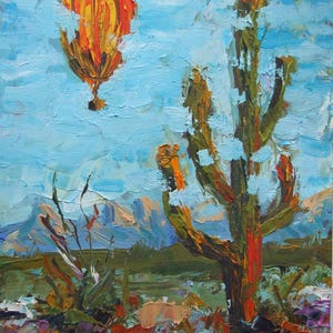 Pintura a óleo do deserto do Novo México com cacto Saguaro, arte colorida, paisagem do deserto do sudoeste com balão de ar, 8x10, decoração de parede alucinante, presente