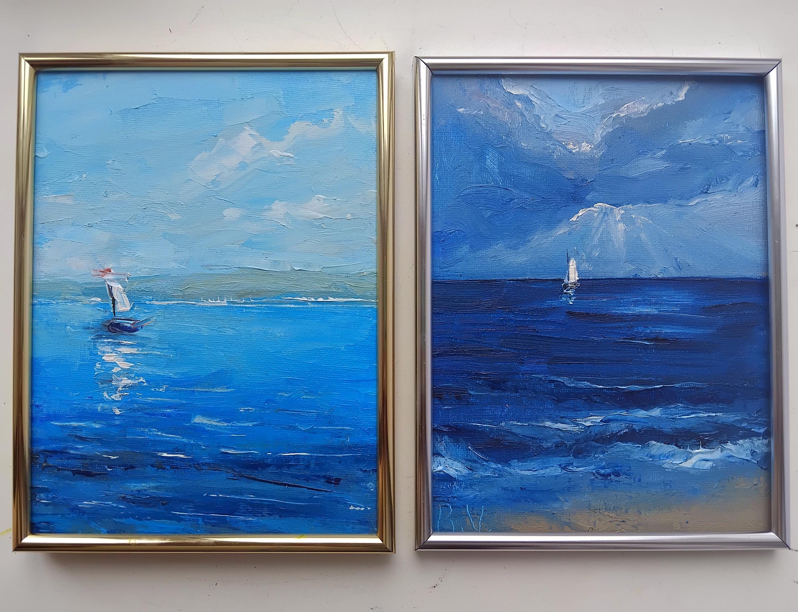 ✨本日限定価格✨ 小さな海景油絵：嵐の海、帆船アート（6x8インチ） - Etsy 日本