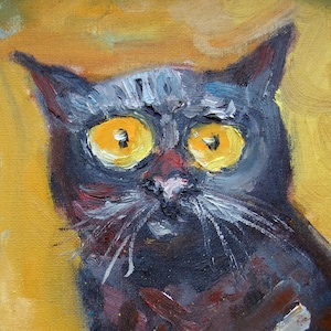 Portrait expressif de chat noir - Peinture à l'huile de mauvaise humeur avec des yeux jaunes surréalistes et un fond enflammé, 25 x 30 cm, cadeau pour amoureux des chats
