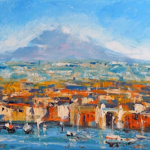 Original Taormina Painting: Sicily Coastal Seascape, Mount Etna Art