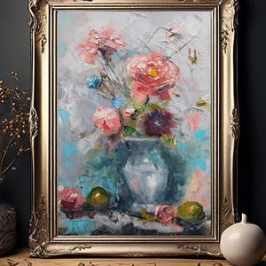 Dipinto ad olio floreale vintage – Fiori di rose rosa shabby chic invecchiati in vaso rustico, pennellate romantiche di cottage art per interni accoglienti
