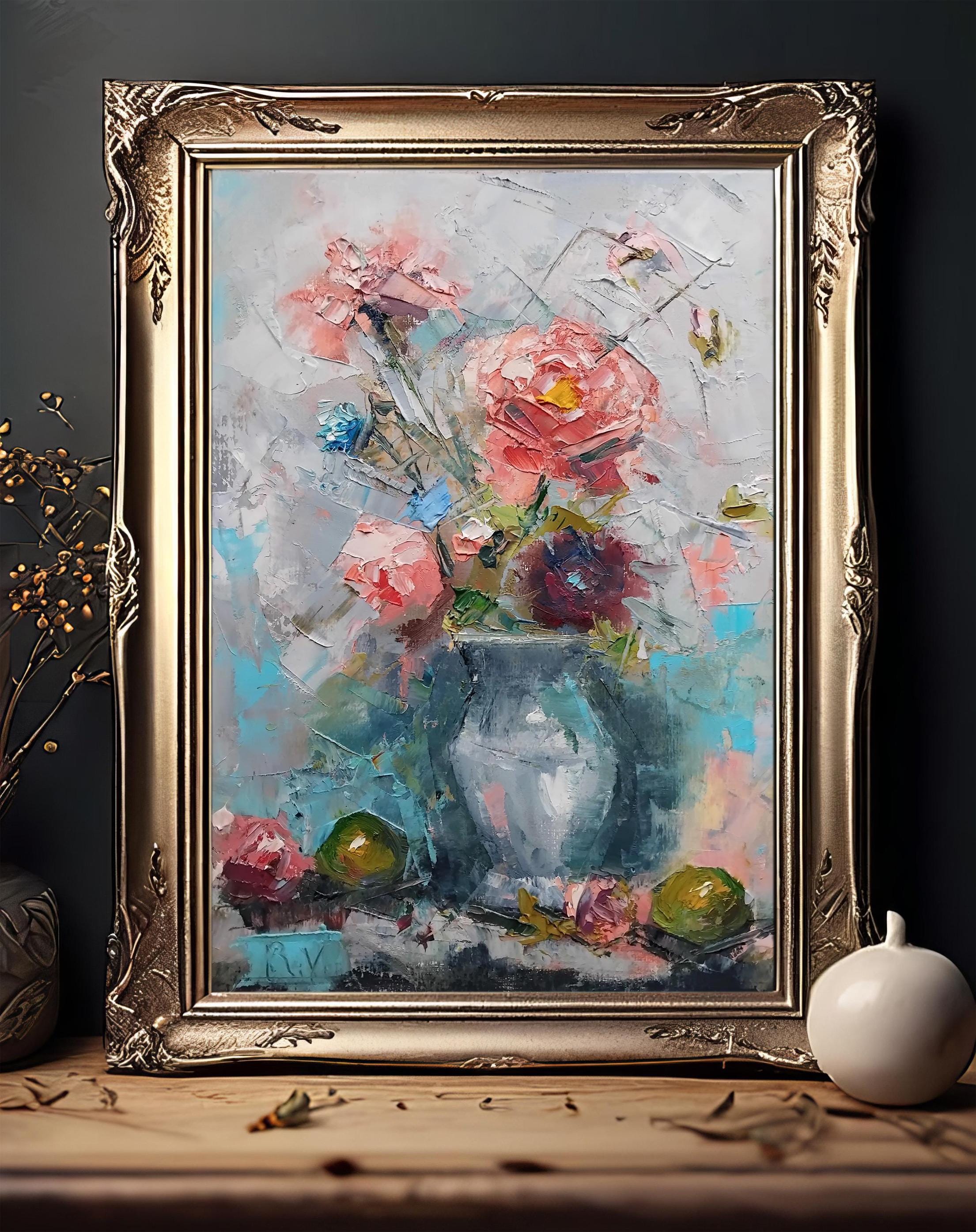 ヴィンテージの花の油絵：素朴な花瓶に飾られたシャビーシックなピンク