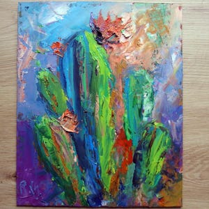 Pintura a óleo de cacto Arte alucinante, verdes fortes, azuis, roxos - decoração floral do deserto com textura psicodélica presente feito à mão assinado impasto