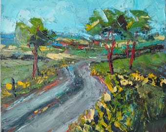 Texas Hill Country Road Oil Painting: Palette Knife Impressionism (10x12")