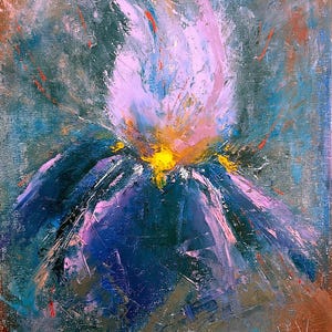 Blue Violet Purple Iris Painting - 10x12&quot; Handmade Floral Oil Painting of semi-abstract iris flower art, not a poster not print