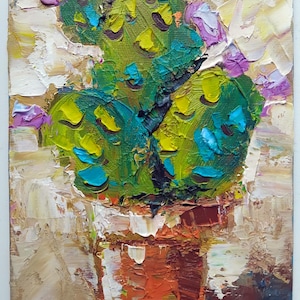 Peinture à l&#39;huile originale de cactus : Art de pot en terre cuite vibrant, 5 x 7&quot; fait main