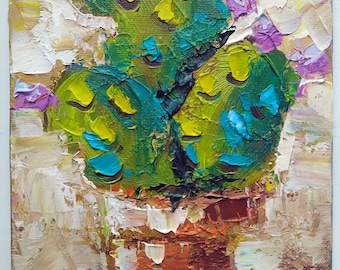Pintura al óleo original de cactus: vibrante arte en maceta de terracota, 12,7 x 18,8 cm, hecha a mano