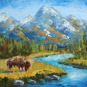 Pintura al óleo de bisonte de Wyoming: Arte paisajístico de Grand Teton (25,4 x 30,5 cm)