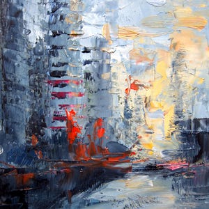 Big City Grayce: Pintura a óleo da cidade de Nova York com pôr do sol urbano pálido, ruas e arranha-céus – Presente de Nova York - Arte da paisagem urbana atmosférica de Nova York