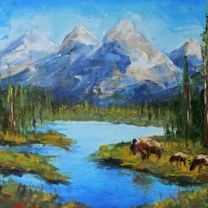 Pintura al óleo de bisonte de Grand Teton: arte paisajístico de las montañas de Wyoming
