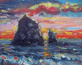 Pintura al óleo de Haystack Rock: Arte del paisaje marino costero de Oregón, 20 x 25 cm