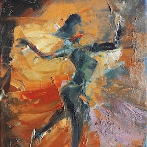 Puede incluir: Pintura al óleo abstracta de un bailarín en movimiento. La figura está representada en tonos verdes y negros, sobre un fondo de tonos cálidos naranja, amarillo y rojo. La obra de arte tiene un estilo texturizado, impasto.