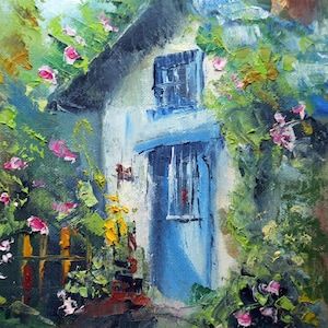 French Country Cottage Oil Painting: Rustic Garden Art, Provence Decor
