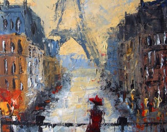 Stadsolieverfschilderij Parijs: Eiffeltoren, vrouw in rood (10 x 12)