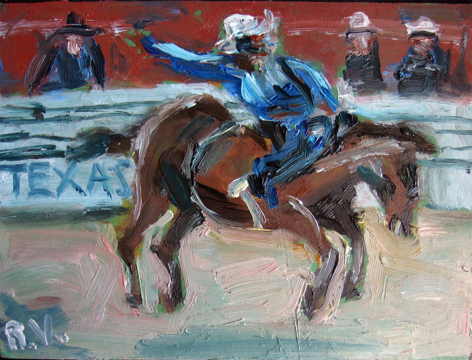 テキサスロデオ油絵：馬に乗ったカウボーイ、西部劇（6x8） - Etsy 日本