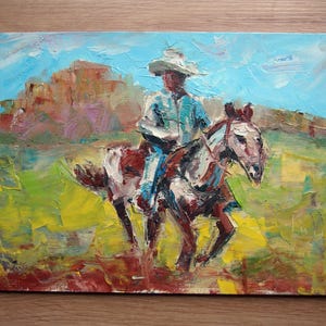 Western Spirit: dipinto a olio di un cowboy su un cavallo in un'opera d'arte originale in impasto fatta a mano e vibrante, regalo per gli amanti dell'Arizona, del Texas e del New Mexico