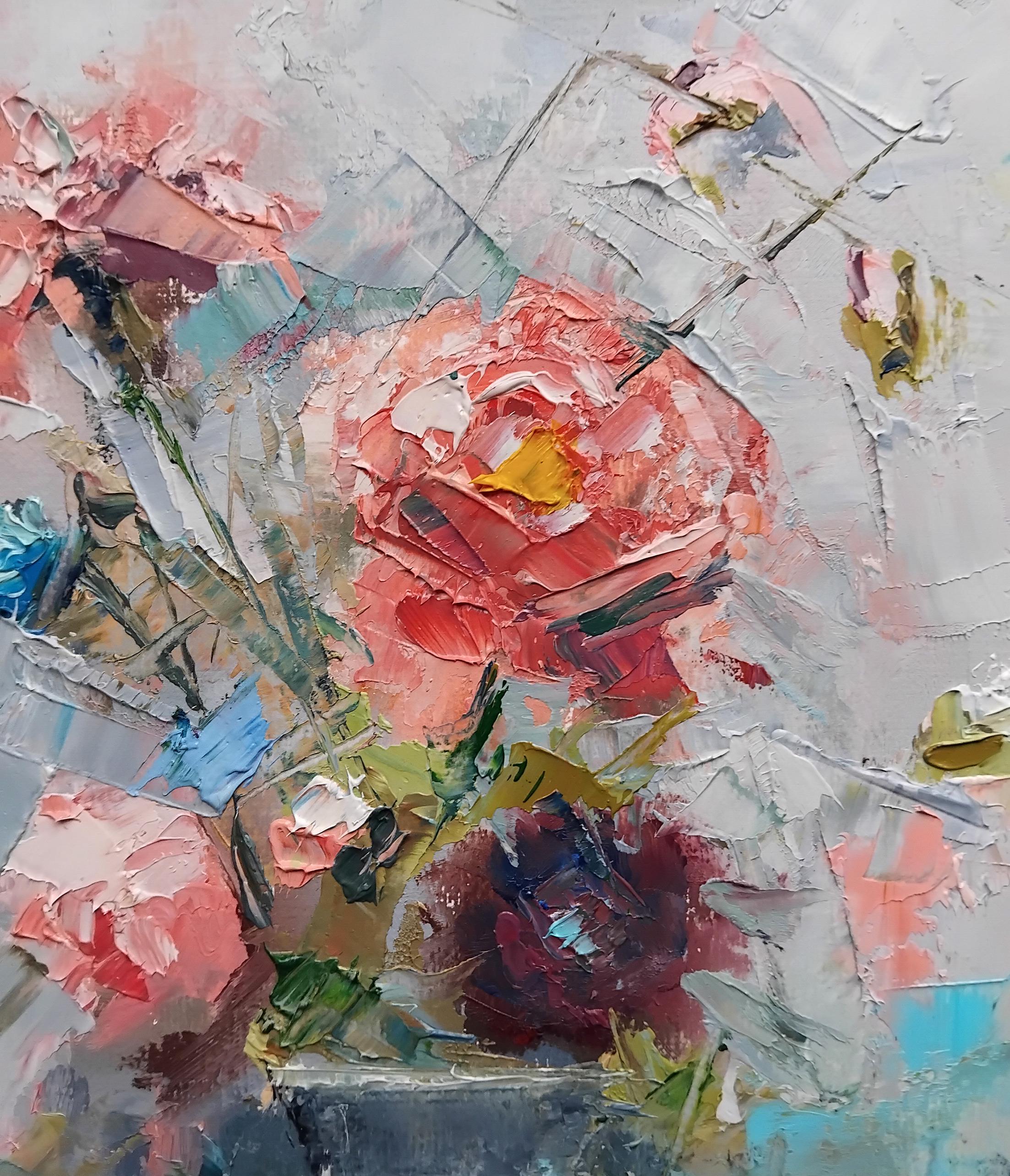 ヴィンテージの花の油絵：素朴な花瓶に飾られたシャビーシックなピンク