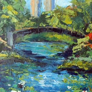 New York Central Park 20x25cm Ölgemälde Handgemachtes Original Art mit Seerosen und Seerosen. Schönes Geschenk.