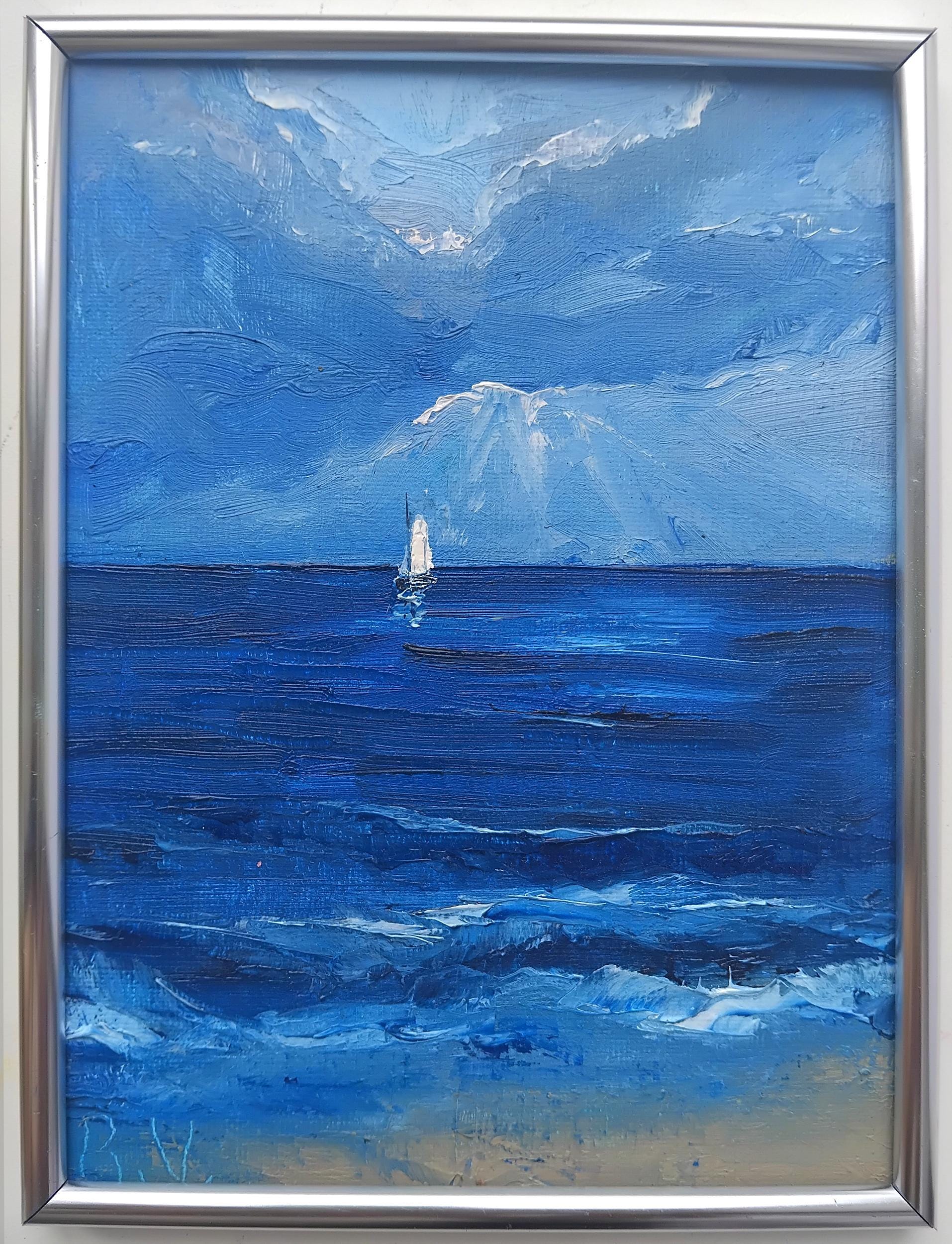 小さな海景油絵：嵐の海、帆船アート（6x8インチ） - Etsy 日本