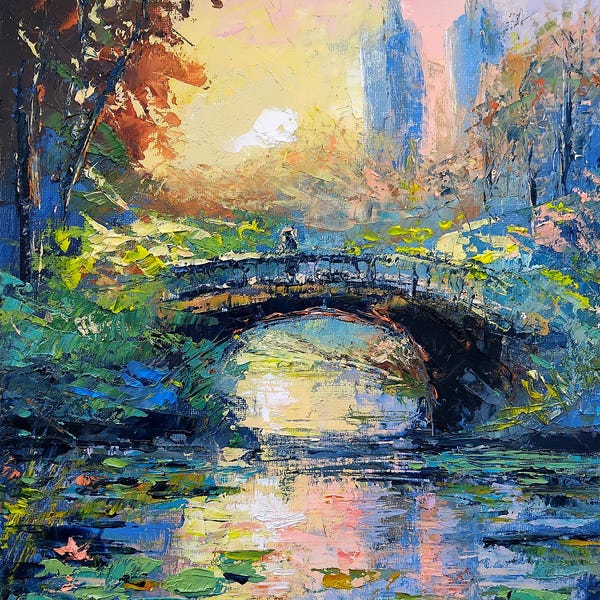 Central Park Oil Painting: Sunset Bridge, Lily Pads, NYC Landscape (10x12")