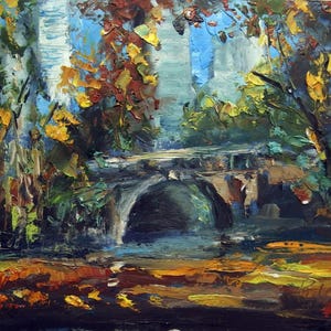 Serenidad otoñal en el Central Park de Nueva York: pintura al óleo original hecha a mano del icónico puente y follaje de la ciudad de Nueva York, 8 x 10 pulgadas