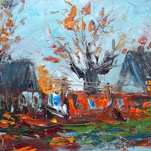 Charme do Outono da Nova Inglaterra: Vermont Rustic Farmhouse e Fiery Foliage Pintura a Óleo Texturizada Presente Arte de Parede Rural Edifícios Antigos Paisagem