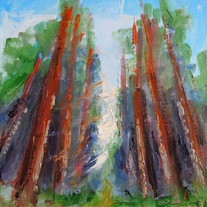 Peinture à l'huile de séquoias 10 x 12" - grande forêt d'arbres texturés, paysage californien peinture au couteau, art mural nature pour chalet ou maison