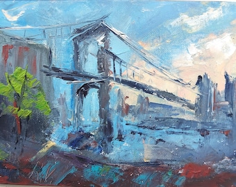 Obraz olejny „Most Brookliński”: Teksturowana sztuka Nowego Jorku (7x9,5 cala)