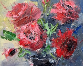 Red Roses Oil Painting: Textured Impressionism Floral Art (8x8)