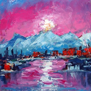 Anchorage Sunset: Paisagem de arte ousada do Alasca com montanhas azuis e reflexos Pintura a óleo texturizada Impasto Presente original assinado feito à mão