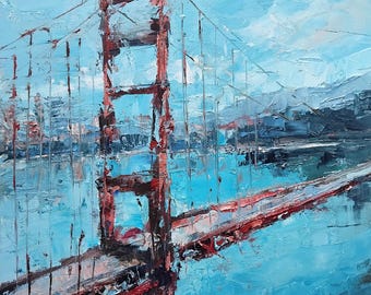Golden Gate Bridge Oil Painting: San Francisco Skyline, Palette Knife Art (10x10" Canvas)