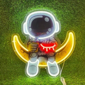 Letrero de neón LED Astronaut on Moon - 16 x 14 pulgadas - ¡incluye atenuador, control remoto, adaptador de CA y accesorios de montaje (montaje en pared y cadena)! Costumbre